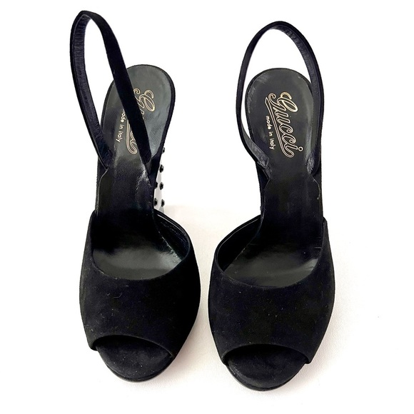 GUCCI | Black Suede Peep Toe Slingback Lucite Studded Wedge Heels Vintage 38.5 - Picture 4 of 13